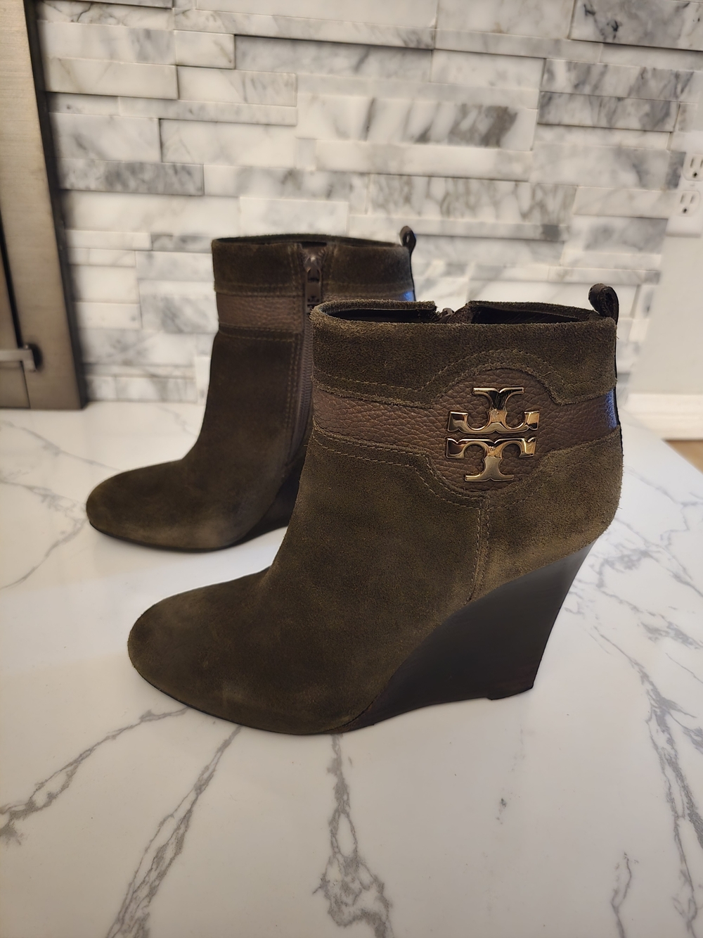 Tory Burch Olive Suede Wedge Booties with Gold Logo